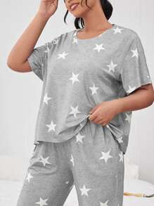 大碼星星印花T恤和長褲睡衣套裝 - 灰色 - 查看 4