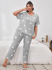 大碼星星印花T恤和長褲睡衣套裝 - 灰色 - 查看 5