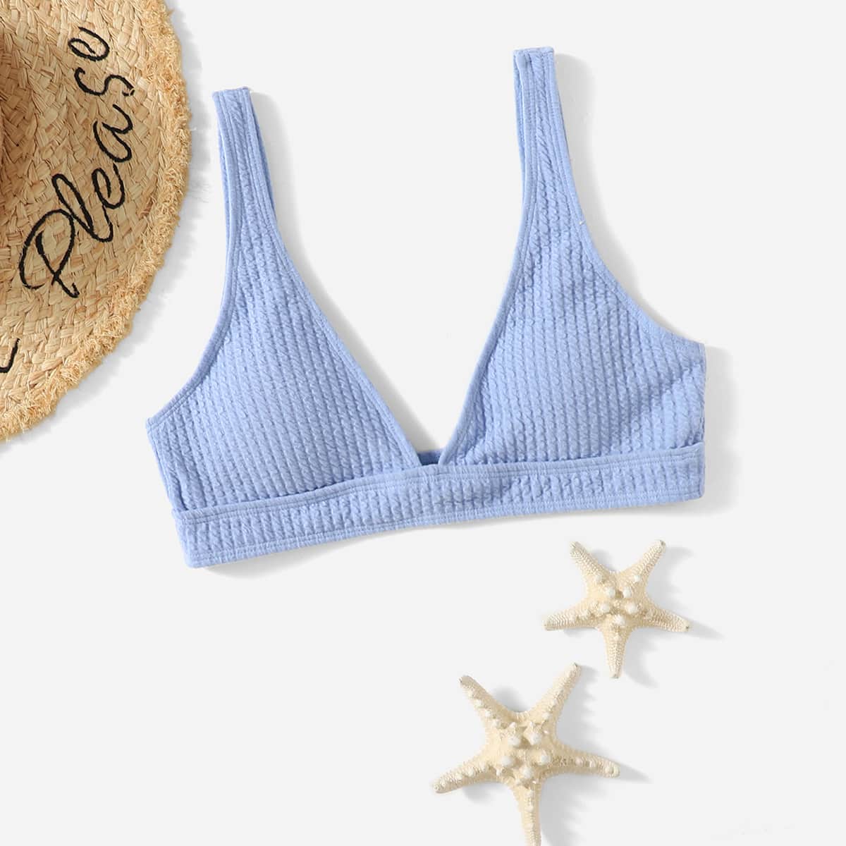 

Solid V Neck Bikini Top, Baby blue