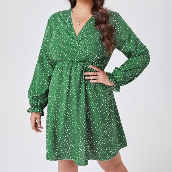 

Plus Polka Dot Surplice Front Dress, Green
