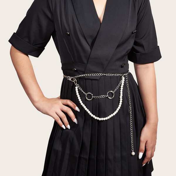 

Faux Pearl Decor Chain Belt, Silver