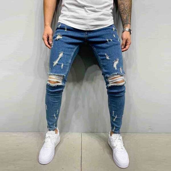 

Men Slant Pocket Ripped Skinny Jeans, Dark wash
