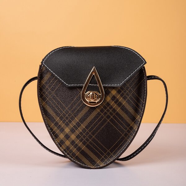 

Metal Decor Plaid Pattern Flap Novelty Bag, Black