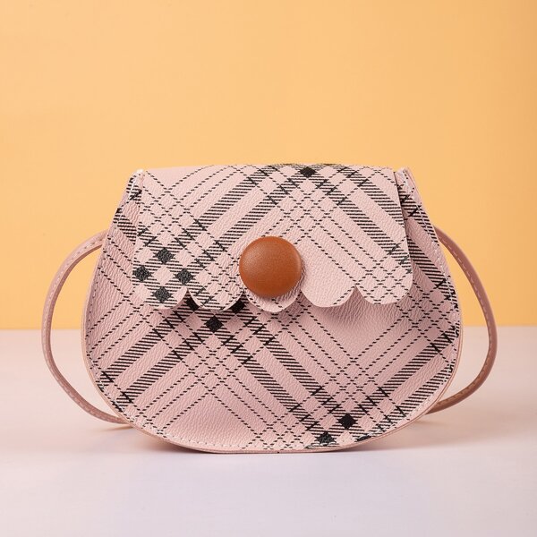 

Plaid Pattern Scallop Flap Saddle Bag, Pink