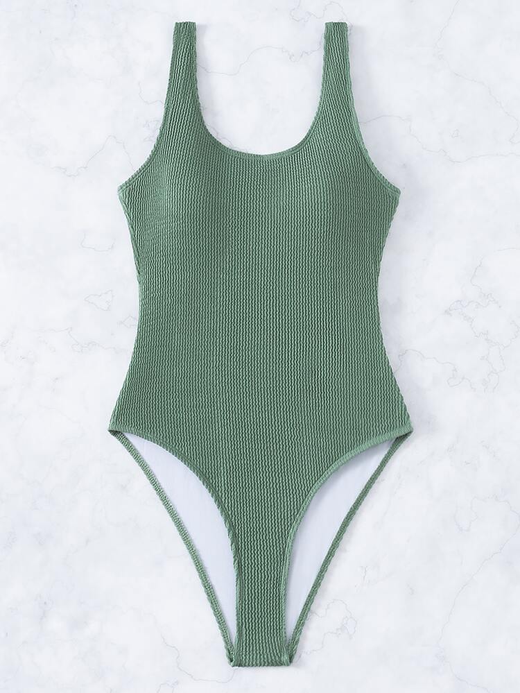 Plain Textured One Piece Swimsuit - Army Green - View 3