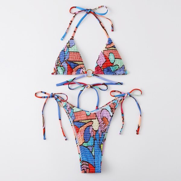 

Allover Print Smocked Triangle Bikini Swimsuit, Multicolor