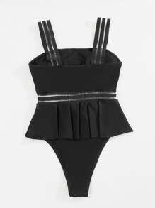 Traje de baño de una pieza con contraste de malla, para vacaciones de verano en la playa - Negro - Ver 2