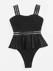 Traje de baño de una pieza con contraste de malla, para vacaciones de verano en la playa - Negro - Ver 3