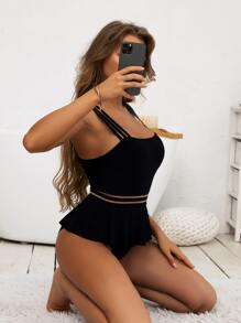 Traje de baño de una pieza con contraste de malla, para vacaciones de verano en la playa - Negro - Ver 6