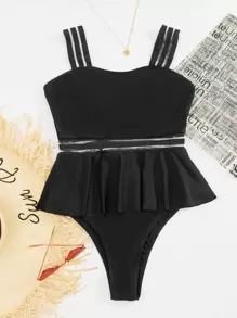 Traje de baño de una pieza con contraste de malla, para vacaciones de verano en la playa - Negro - Ver 7