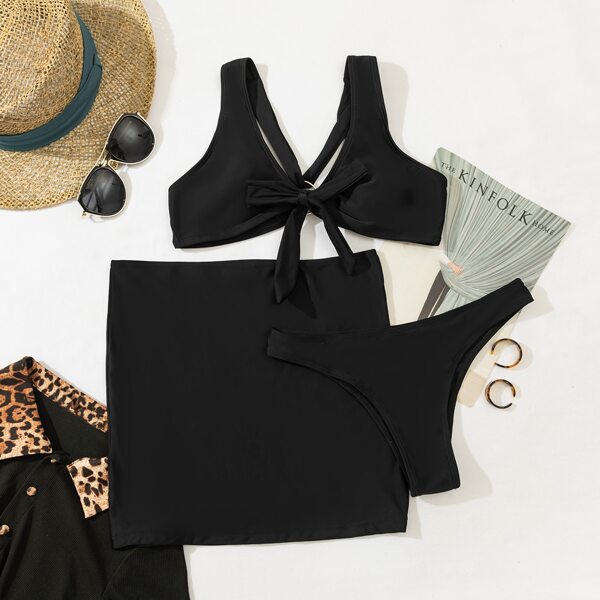 

3pack Solid Knot Front Bikini Swimsuit & Beach Skirt, Black