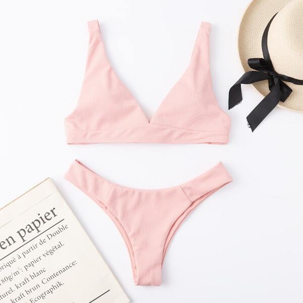 

V Neck Cheeky Bikini Swimsuit, Baby pink