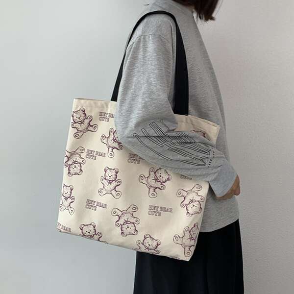 

Cartoon Graphic Tote Bag, Beige