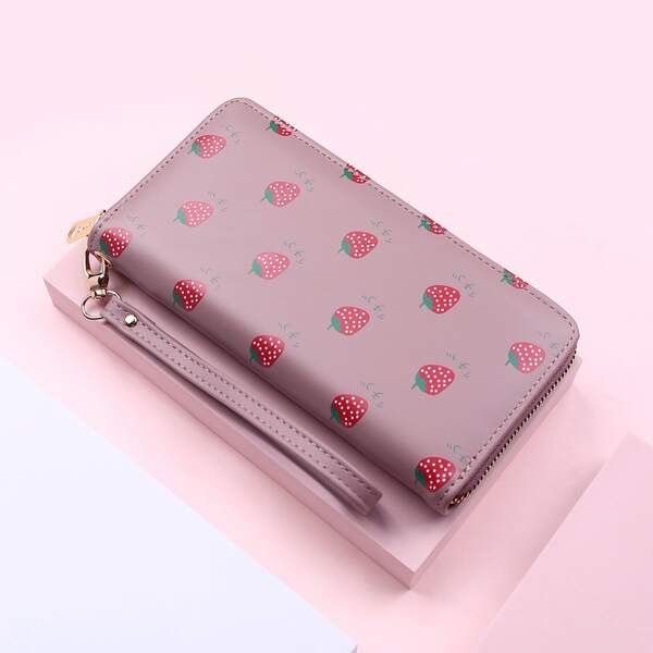

Strawberry Graphic Long Purse With Wristlet, Mauve purple