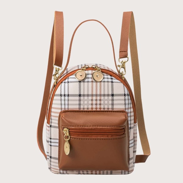 

Plaid Pattern Pocket Front Classic Backpack, Brown