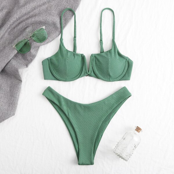 

Solid Rib Push Up Bikini Swimsuit, Green