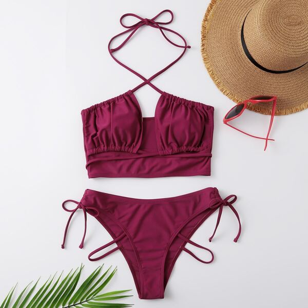 

Halter Tie Side Bikini Swimsuit, Burgundy