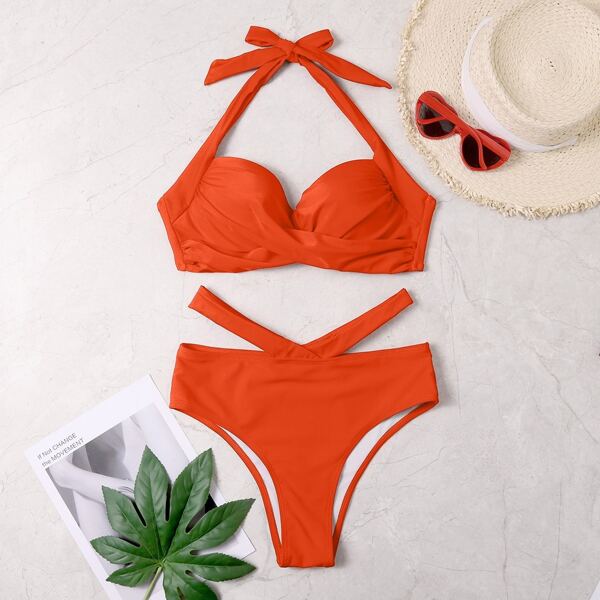 

Twist Front Push Up Bikini Swimsuit, Orange