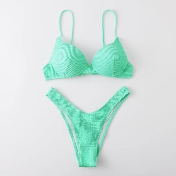 

Textured Push Up High Cut Bikini Swimsuit, Green