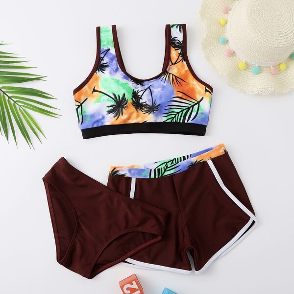 

3pack Girls Plant Print Bikini Swimsuit, Coffee brown