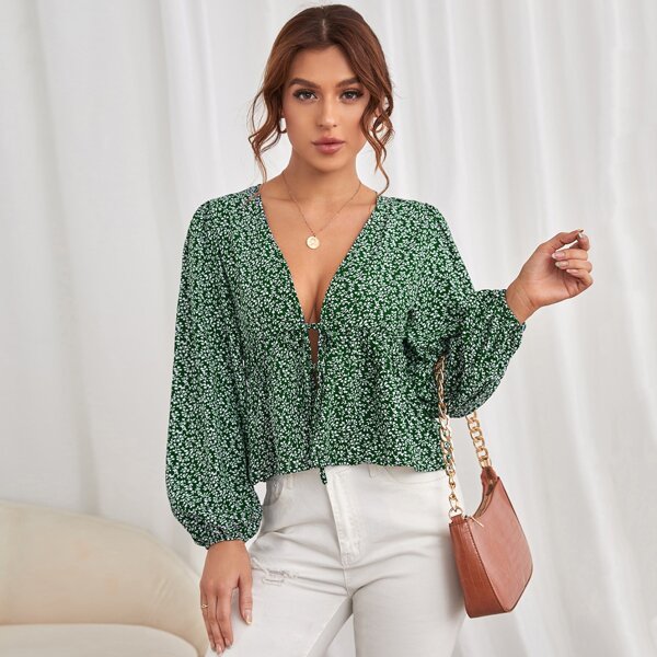 

Ditsy Floral Ruched Self-Tie Peplum Top, Green