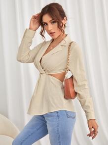Cut Out Waist Lapel Neck Twisted Front Blouse - Apricot - View 1