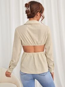 Cut Out Waist Lapel Neck Twisted Front Blouse - Apricot - View 2