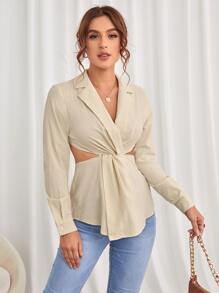 Cut Out Waist Lapel Neck Twisted Front Blouse - Apricot - View 3