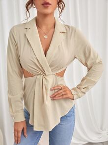 Cut Out Waist Lapel Neck Twisted Front Blouse - Apricot - View 4