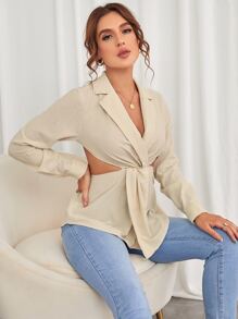 Cut Out Waist Lapel Neck Twisted Front Blouse - Apricot - View 5