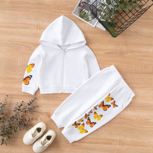 

Baby Butterfly Print Zip Up Hoodie With Sweatpants, White