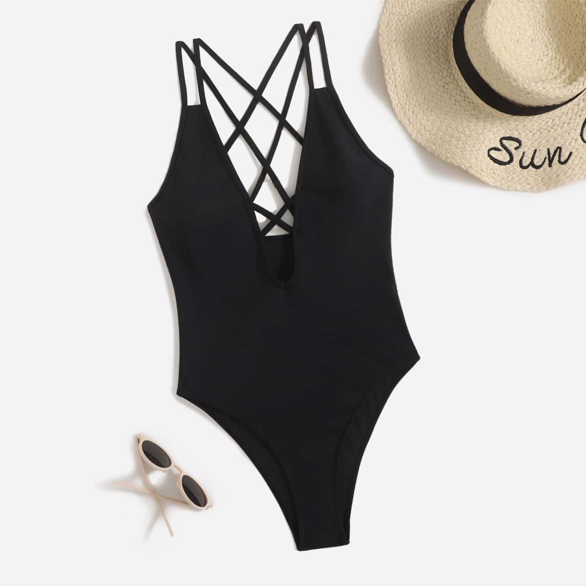 

Solid Criss Cross One Piece Swimsuit, Black