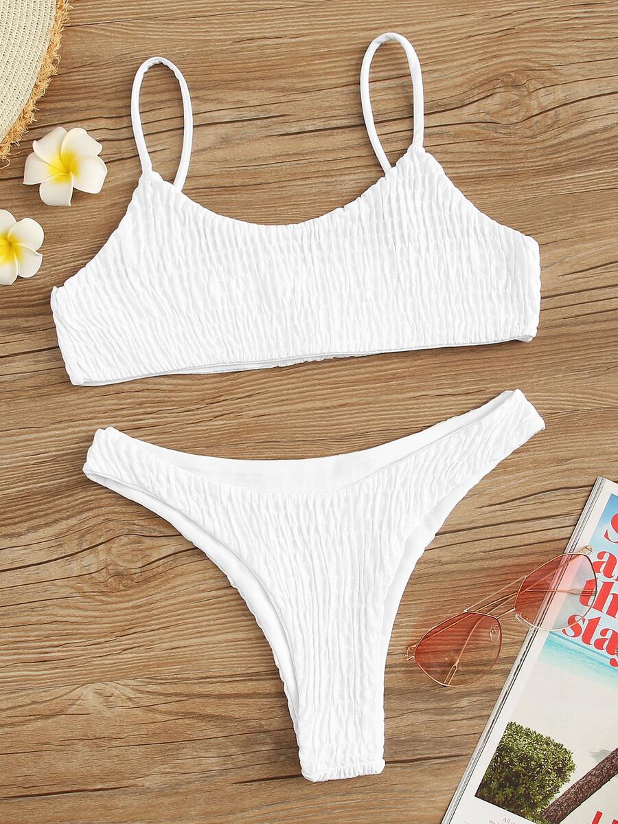 Plain Smocked Bikini For Summer Beach Vocation - White - View 1