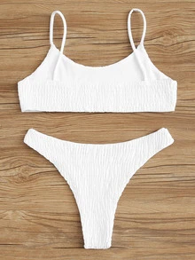 Plain Smocked Bikini For Summer Beach Vocation - White - View 2