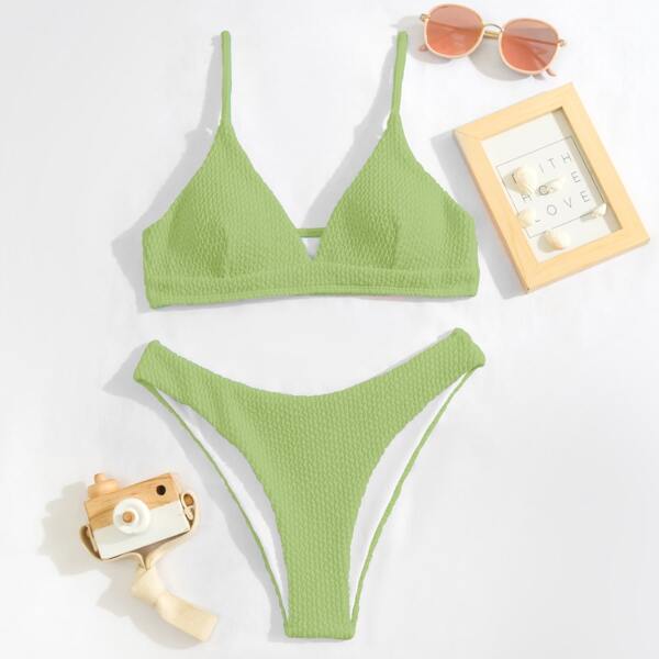 

Plain Textured Bikini Swimsuit, Olive green