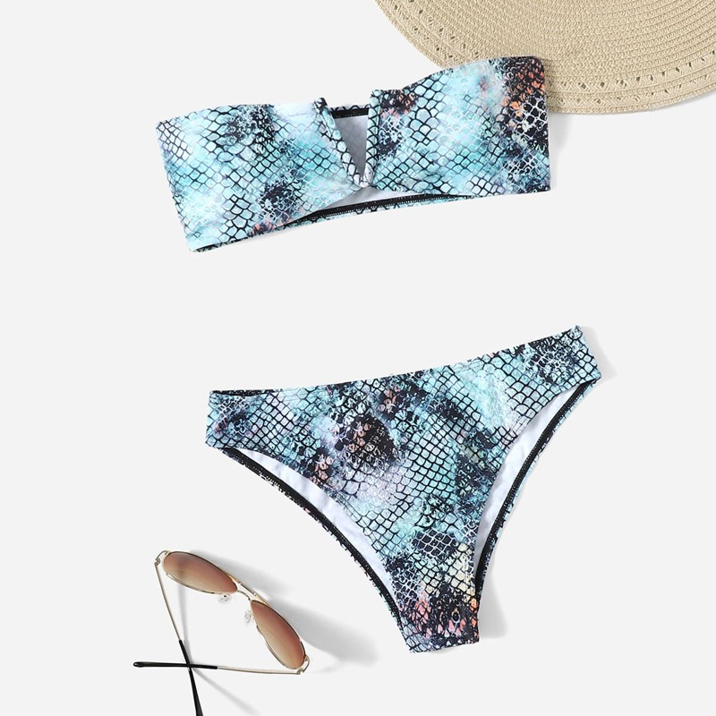 

Snakeskin Print V Wired Bandeau Bikini Swimsuit, Multicolor