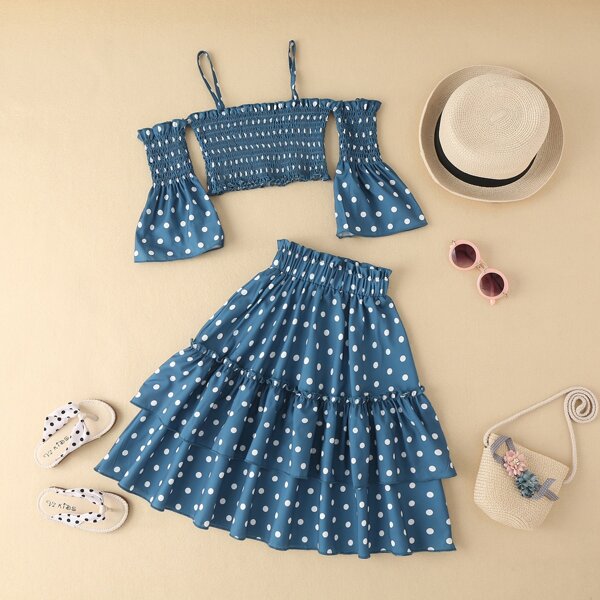 

Toddler Girls Polka Dot Shirred Top & Layered Skirt, Blue