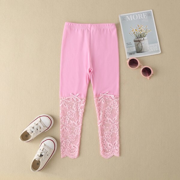 

Toddler Girls Lace Insert Bow Detail Leggings, Pink