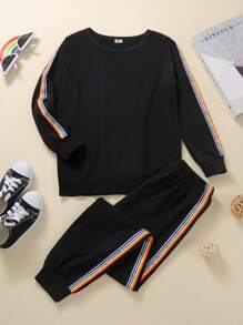 SHEIN Girls Striped Tape Side Sweatshirt & Joggers - Black - View 1