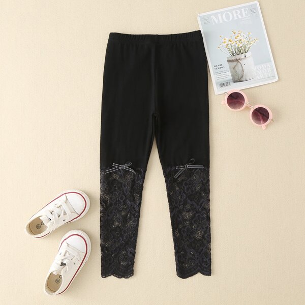 

Toddler Girls Lace Insert Bow Detail Leggings, Black