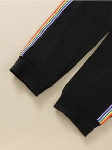 SHEIN Girls Striped Tape Side Sweatshirt & Joggers - Black - View 4