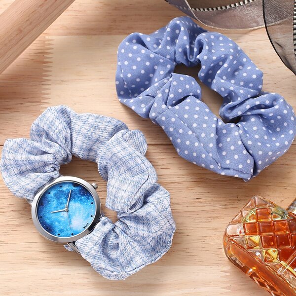 

1pc Plaid Scrunchie Strap Quartz Watch & 1pc Polka Dot Scrunchie