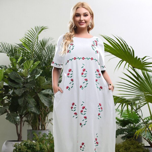 

Plus Floral Embroidery Tunic Dress, White