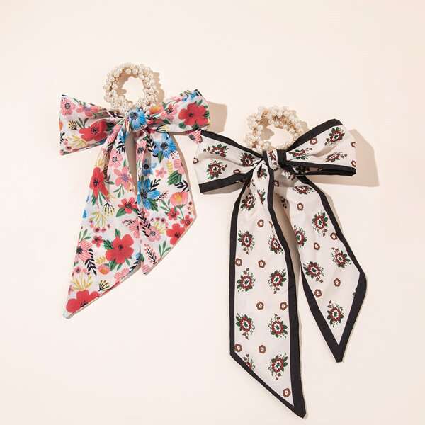 

2pcs Flower Print Hair Tie, Multicolor