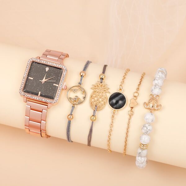 

1pc Rhinestone Decor Square Pointer Quartz Watch & 5pcs Bracelet