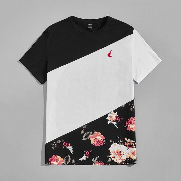 

Men Bird Embroidery Floral Print Tee, Multicolor