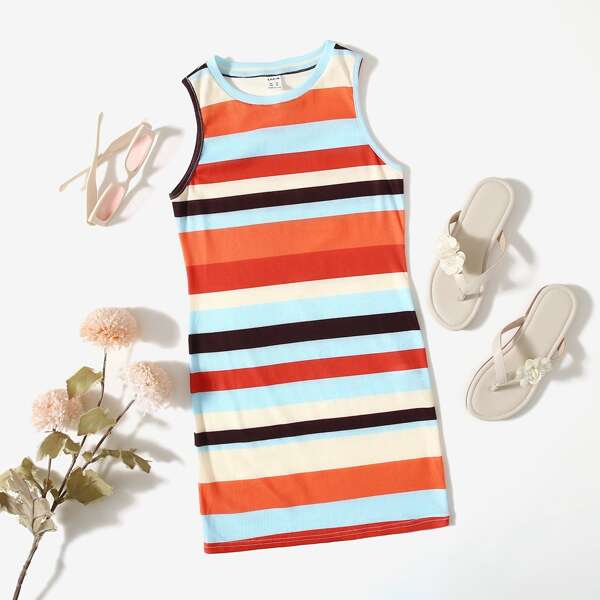 

Girls Striped Print Dress, Multicolor
