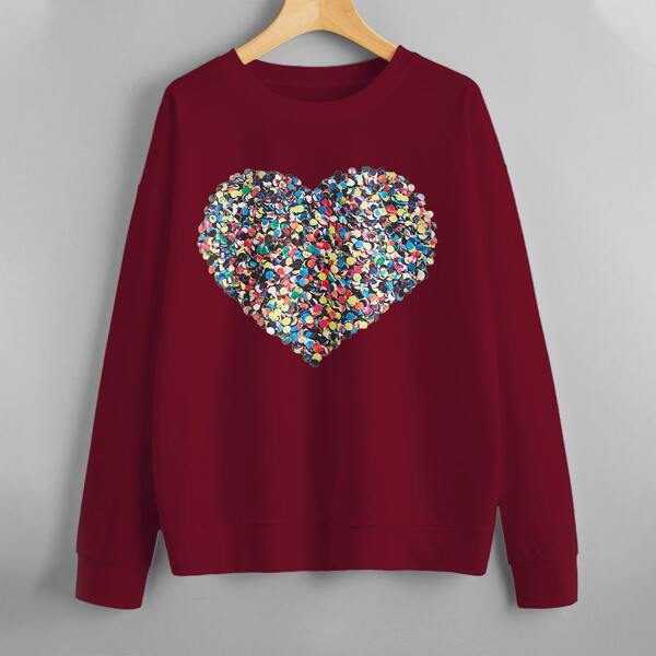

Drop Shoulder Heart Print Sweatshirt, Burgundy