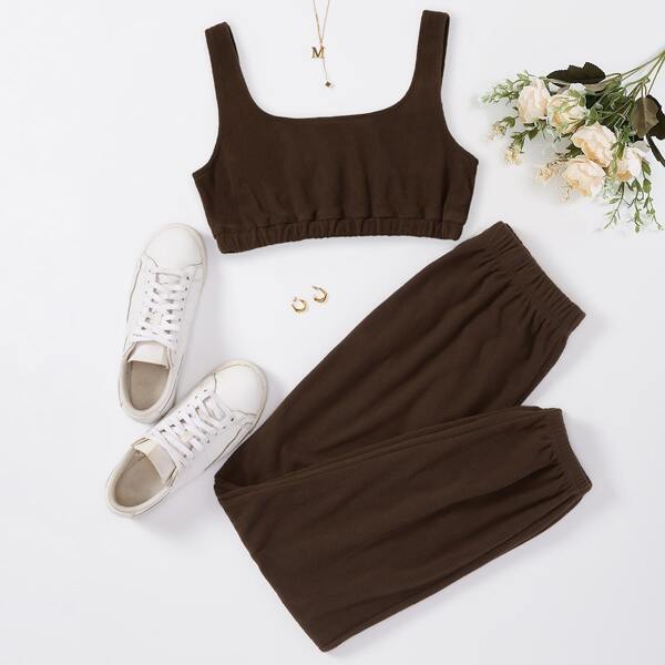 

Flannel Crop Tank Top & Sweatpants, Chocolate brown