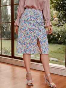 大碼下擺開叉小碎花半身裙 - 彩色 - 查看 1